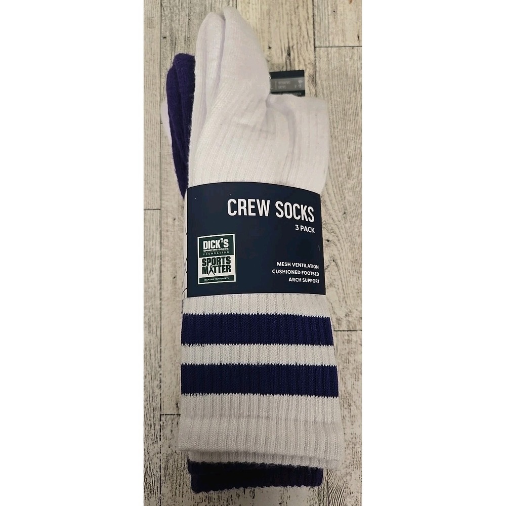 Mens Crew Socks LARGE 3pk PURPLE Baseball Stripe Cushioned NEW